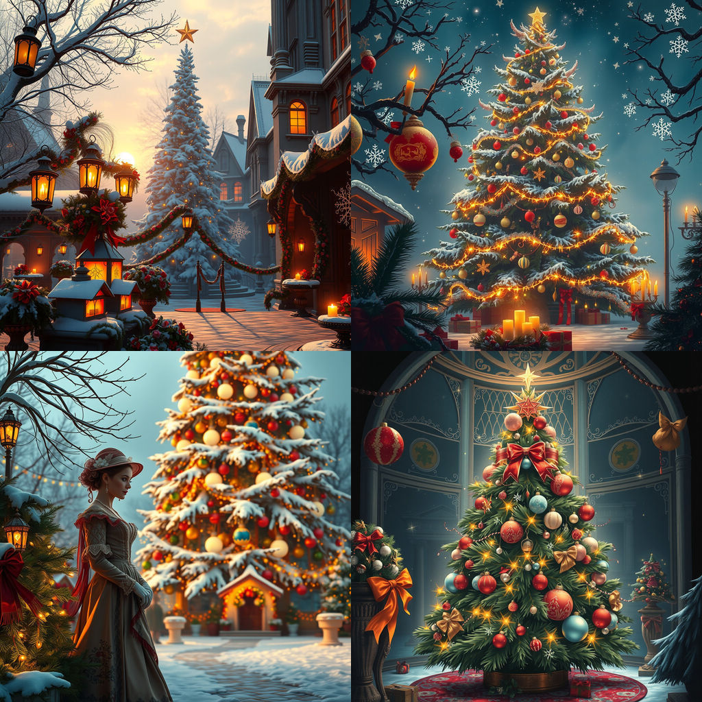Festive Christmas Card with Tree in Detailed Matte Painting