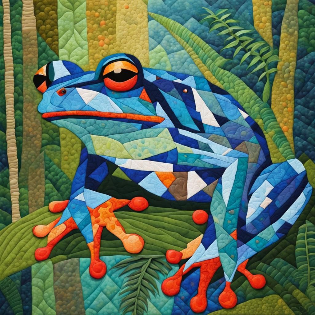 Patchwork Quilt Portrait: Blue Rainforest Frog