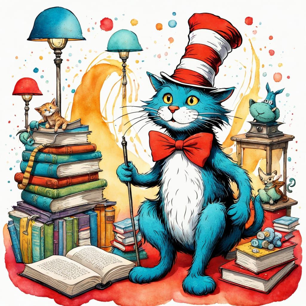 Whimsical Dr. Seuss-Inspired Cat in a Messy Living Room