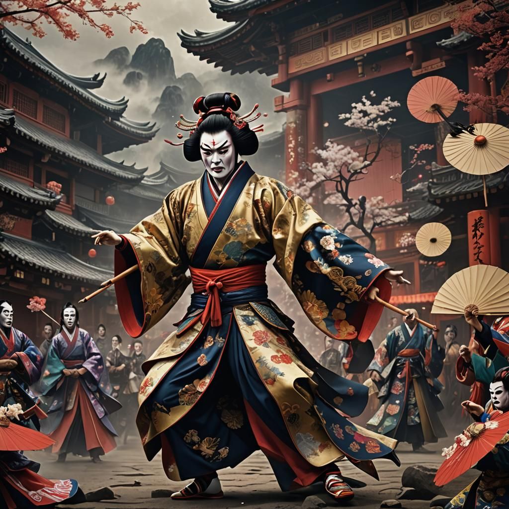 Epic Kabuki Fan Dance in Digital Matte Painting