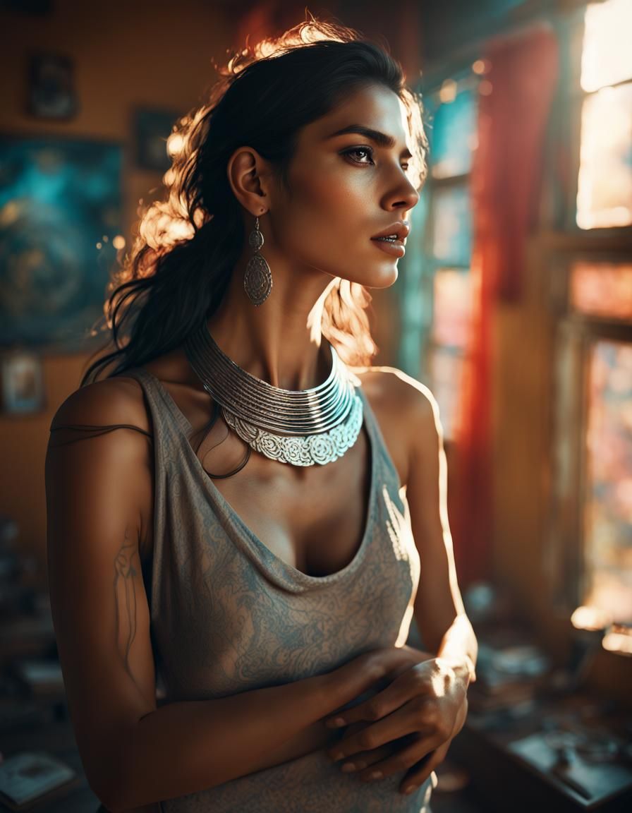 Latina Woman in Abandoned Room, Kodak Portra Style