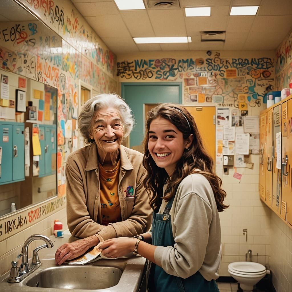 Nostalgic Reflection: Woman Reliving Youth in Retro Bathroom