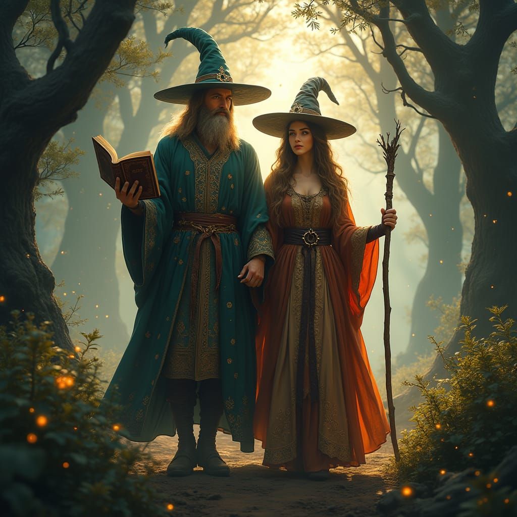Mystical Wizard Couple Embarks in Golden Forest