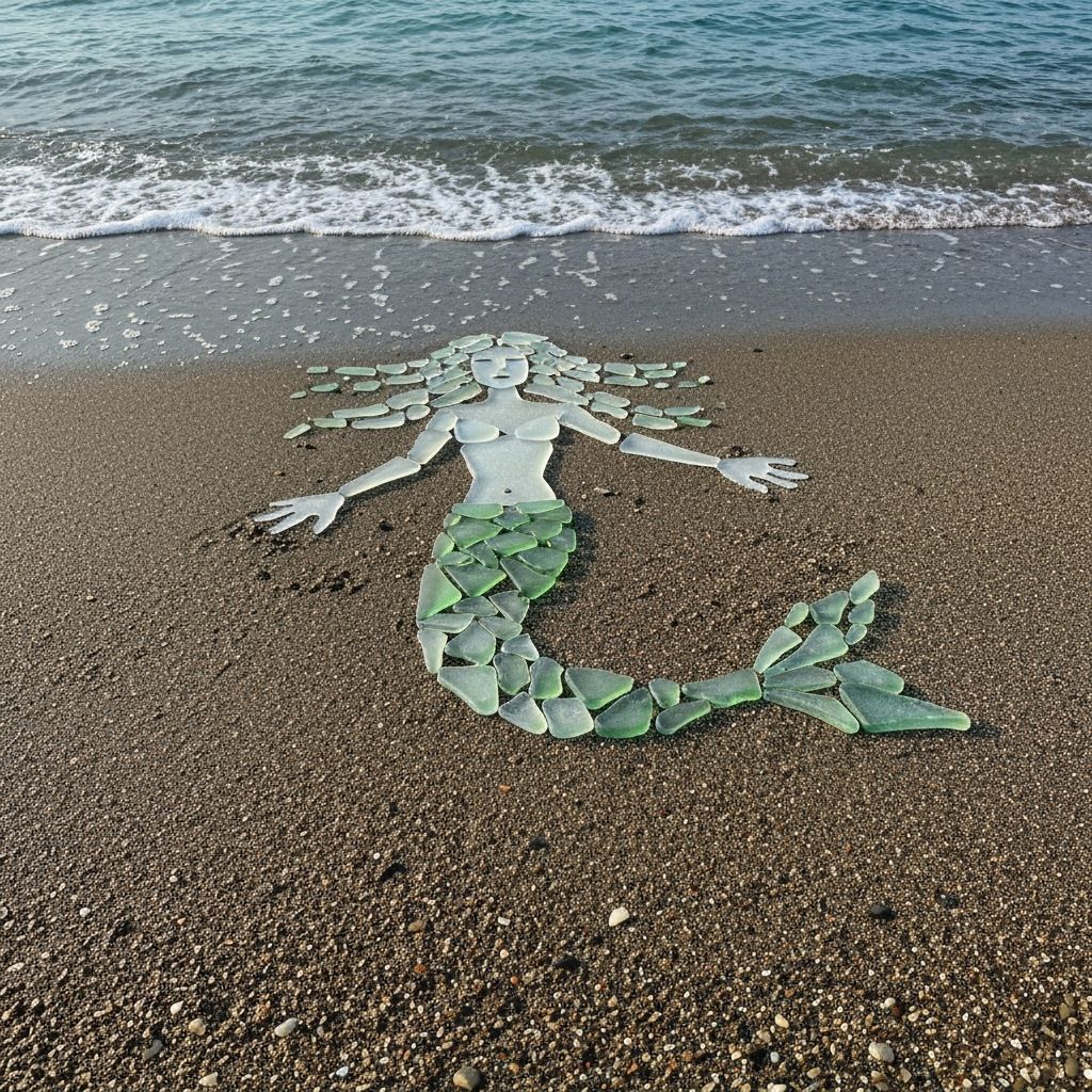 Abstract Mermaid Mosaic Made of Sea Glass on Beach