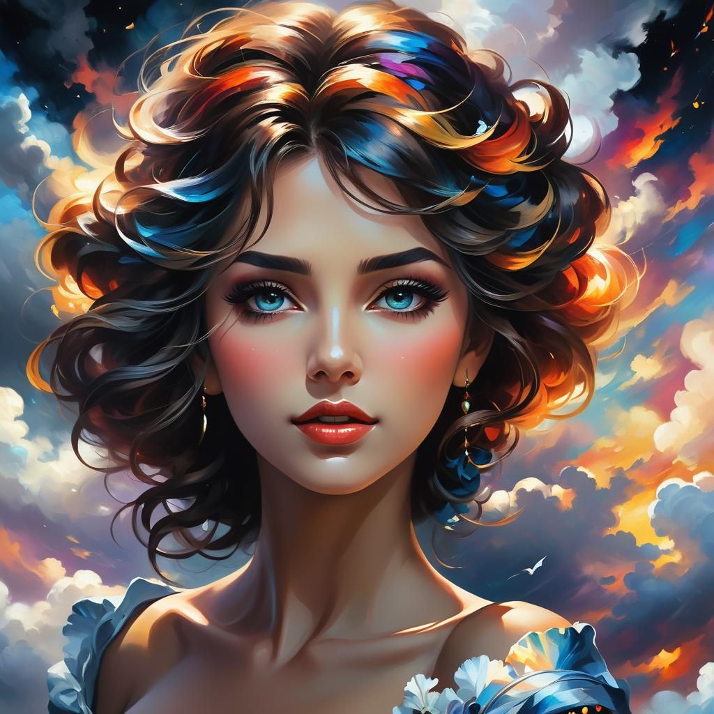 Colorful Portrait Among Clouds in Black Light Art