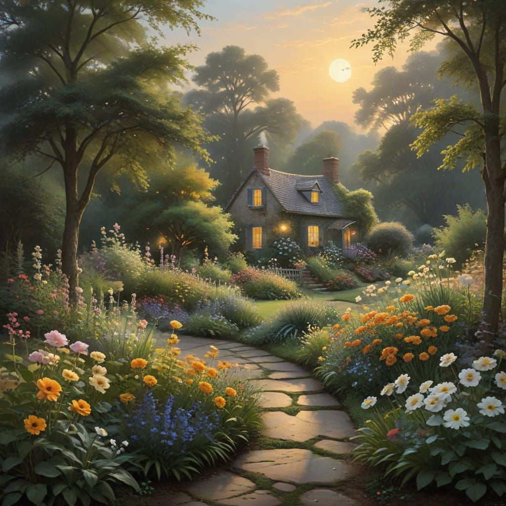 Idyllic Golden Sunset in a Whimsical Summer Garden