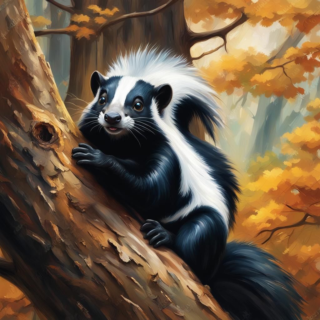Skunk Portrait in Forest, Oil Painting Style