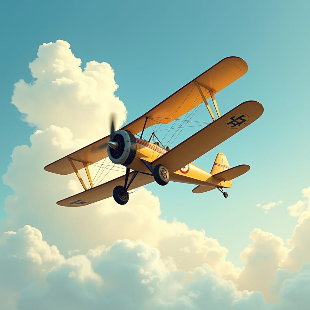 Vintage Beechcraft Stagger Wing Aircraft in Soaring Flight