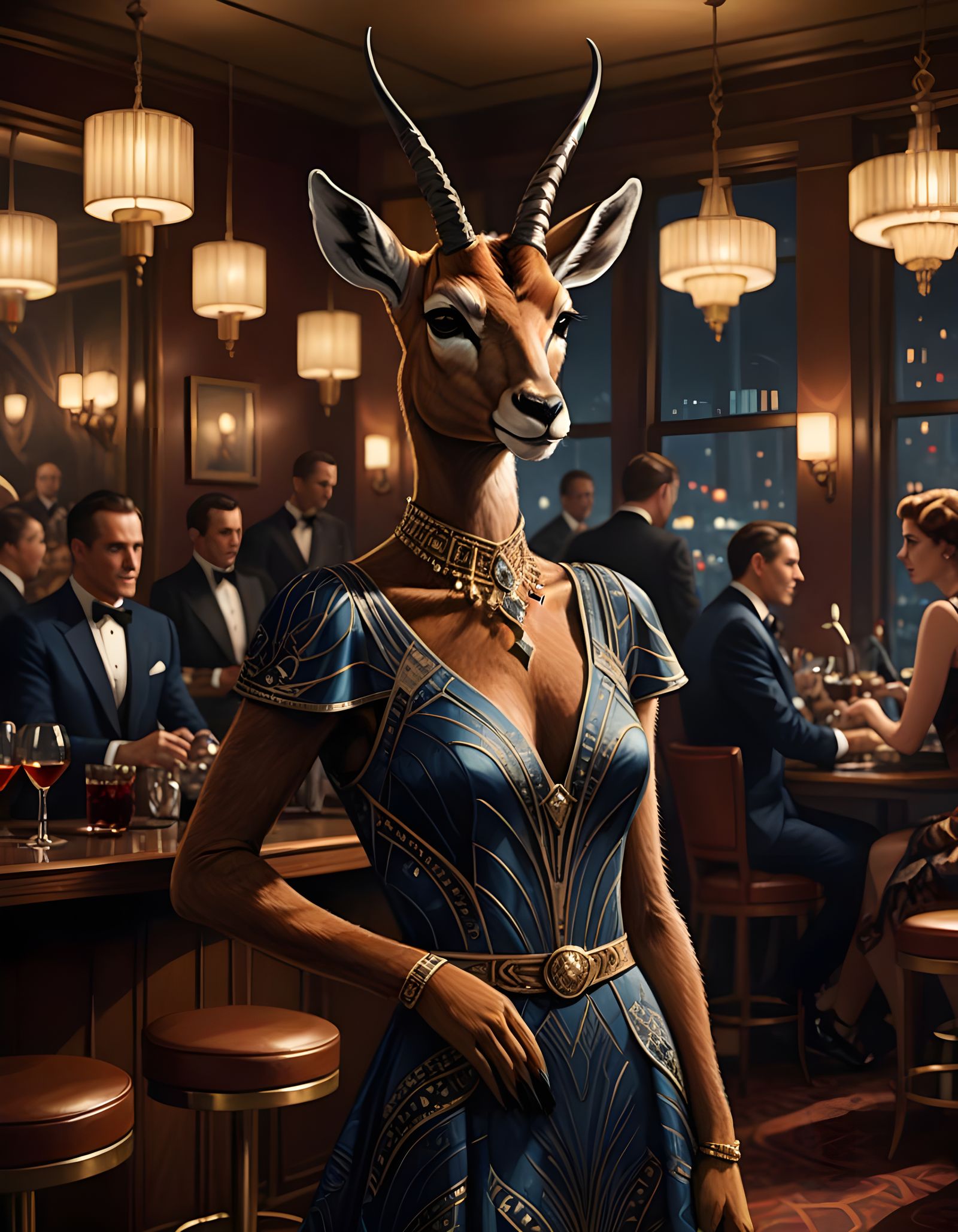 Anthropomorphic Antelope in Art Deco Jazz Club