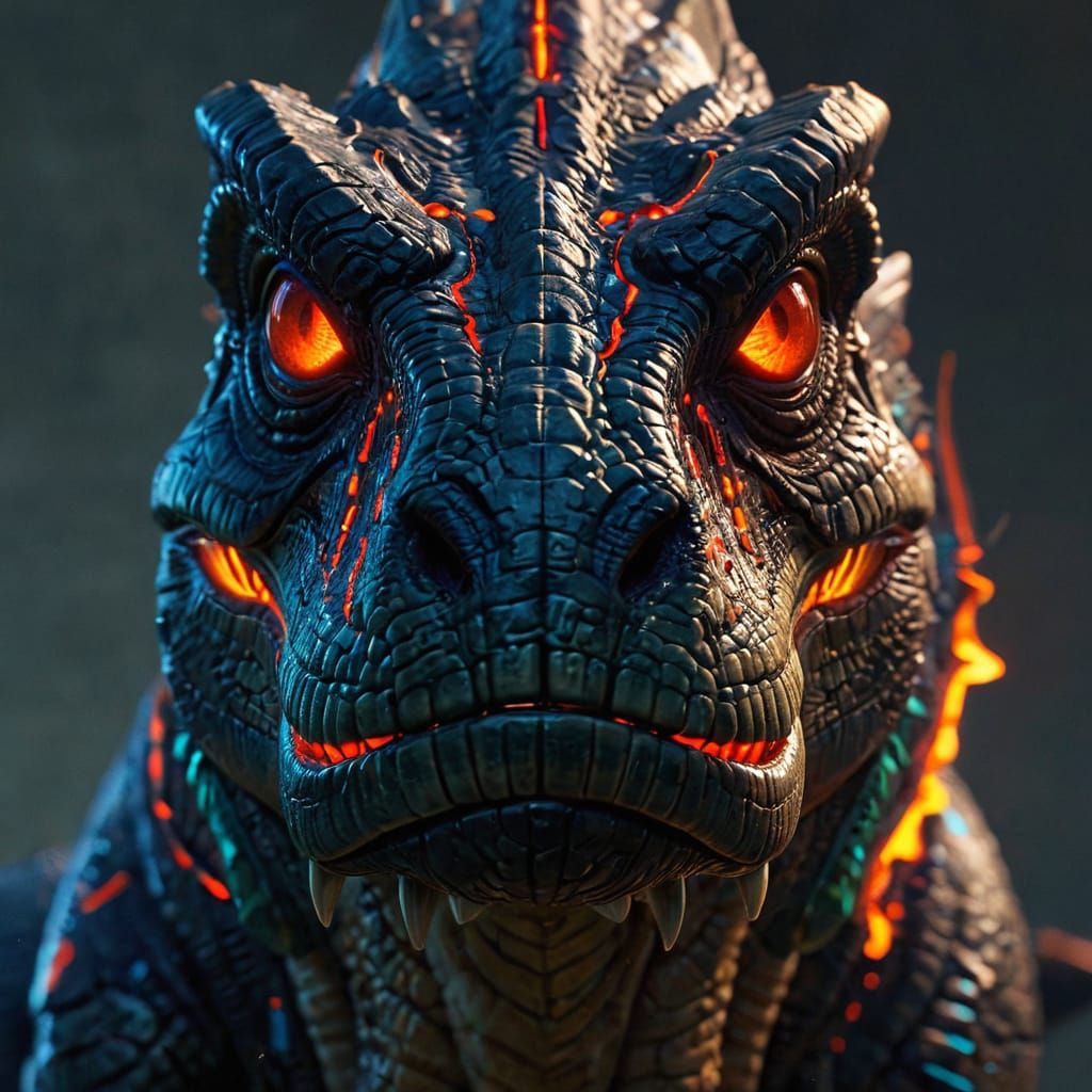 Neon Cyber-Tyrant T-Rex with Blazing Eyes in 3D Anime