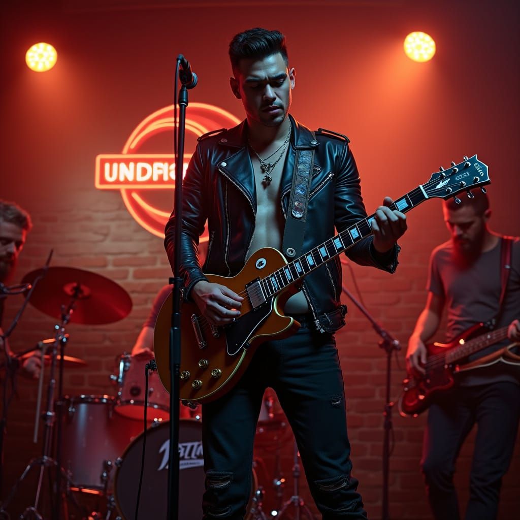 American Man Plays Guitar On Stage With Band