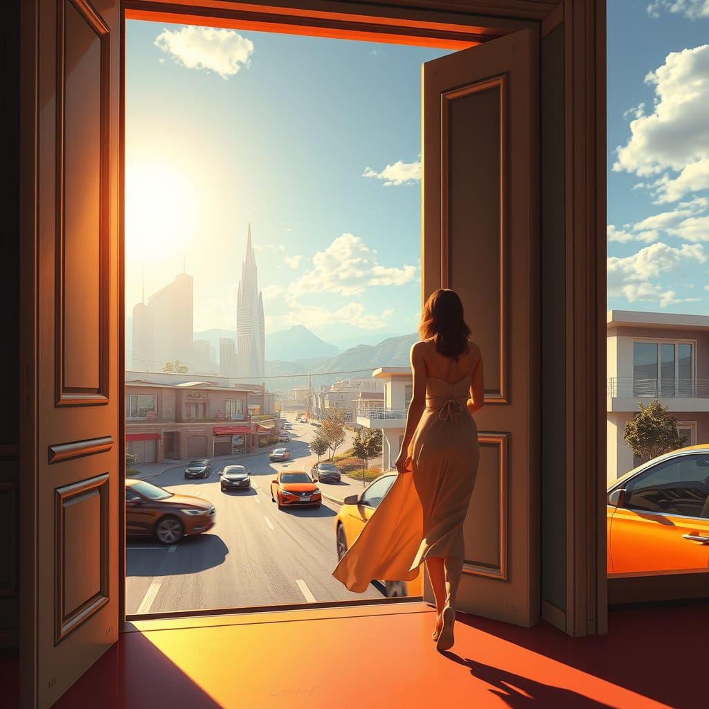 Futuristic Cityscape Doorway in Artistic Style