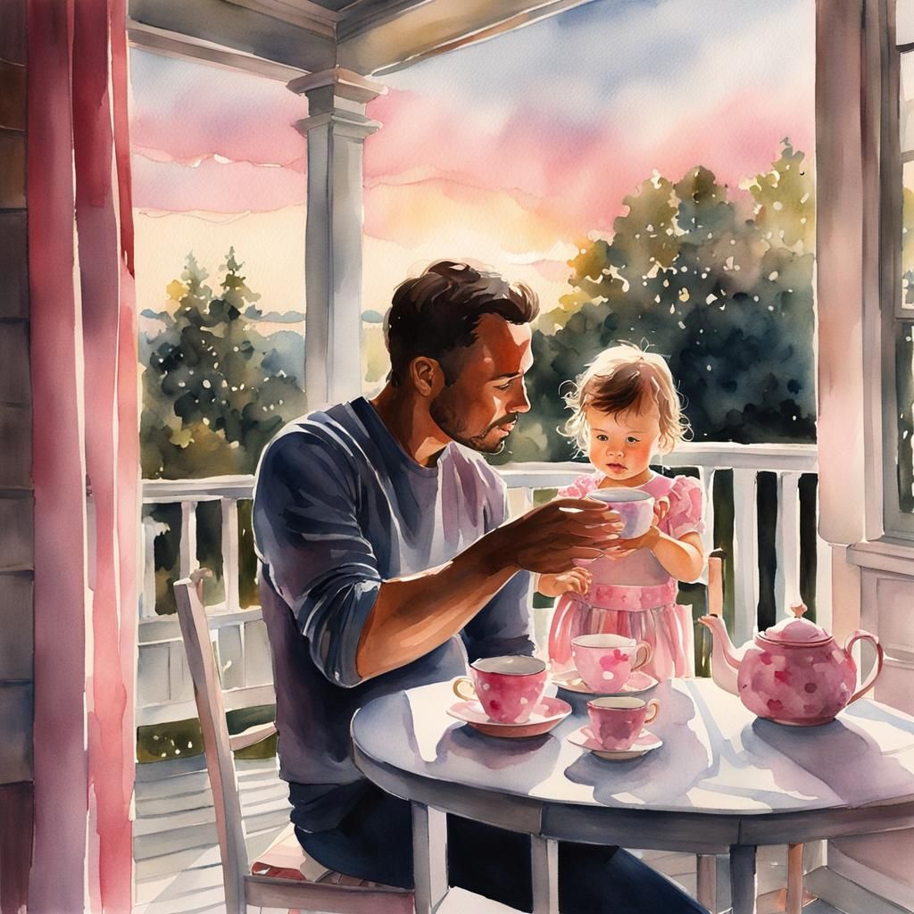 Father and Daughter's Sunset Tea Party Watercolor