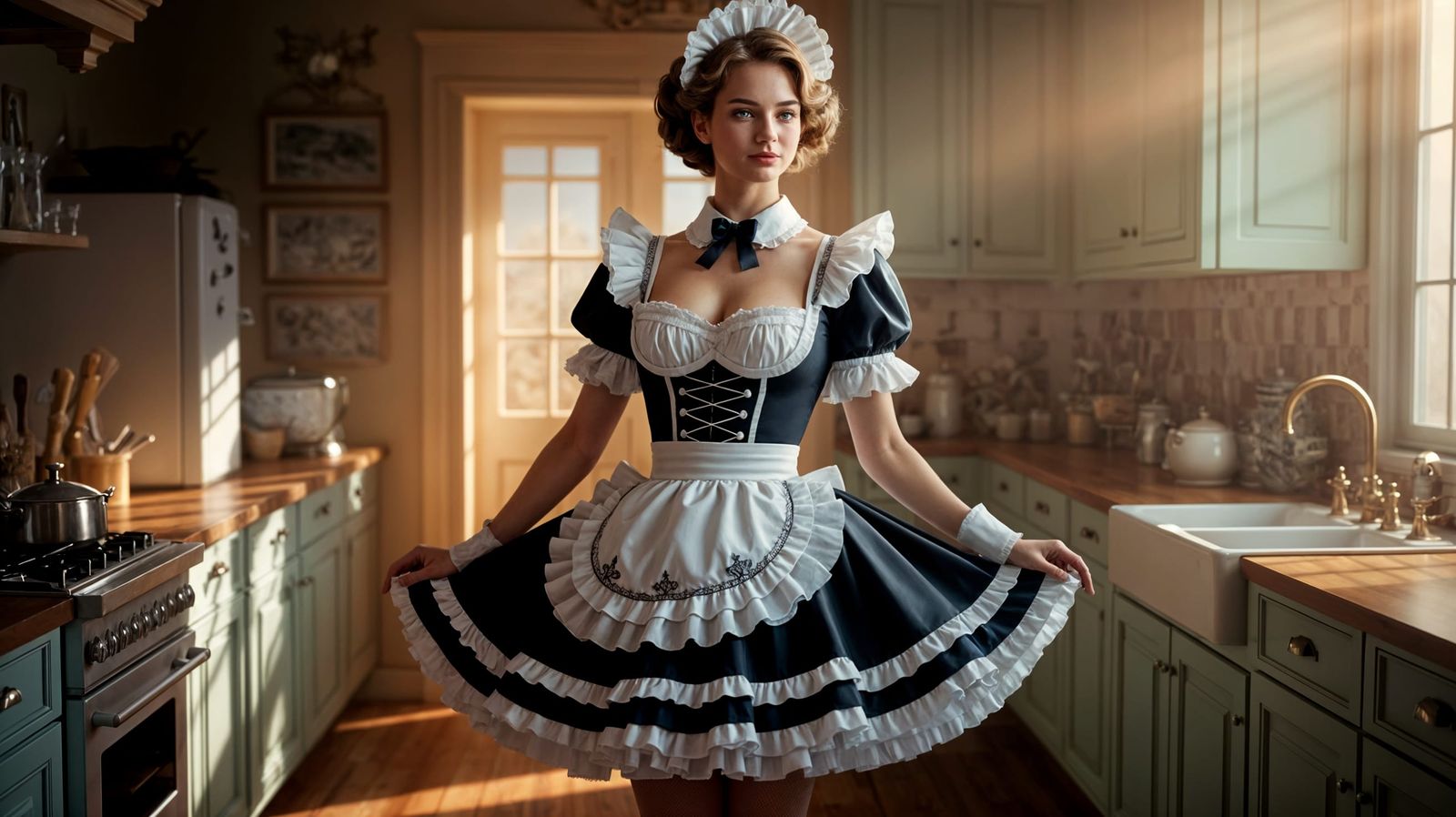 Elegant French Maid in a Warm Kitchen