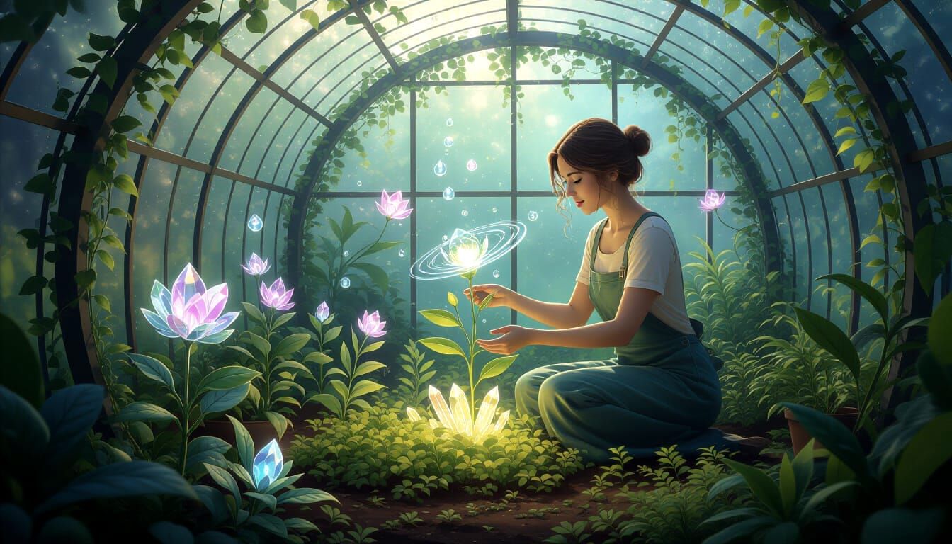Magical Gardener Tends Enchanted Greenhouse with Crystal Flo...