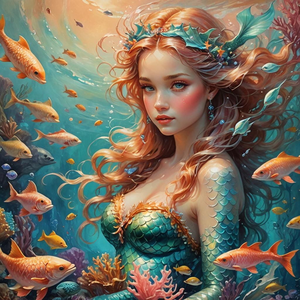 Mermaid Portrait on Coral Reef in Oil Painting Style