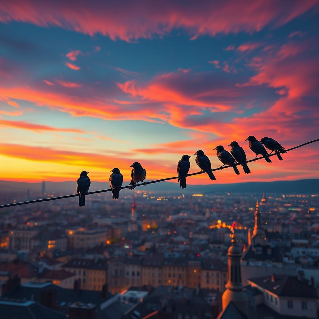 Starlings on Wire Above Cityscape at Dusk