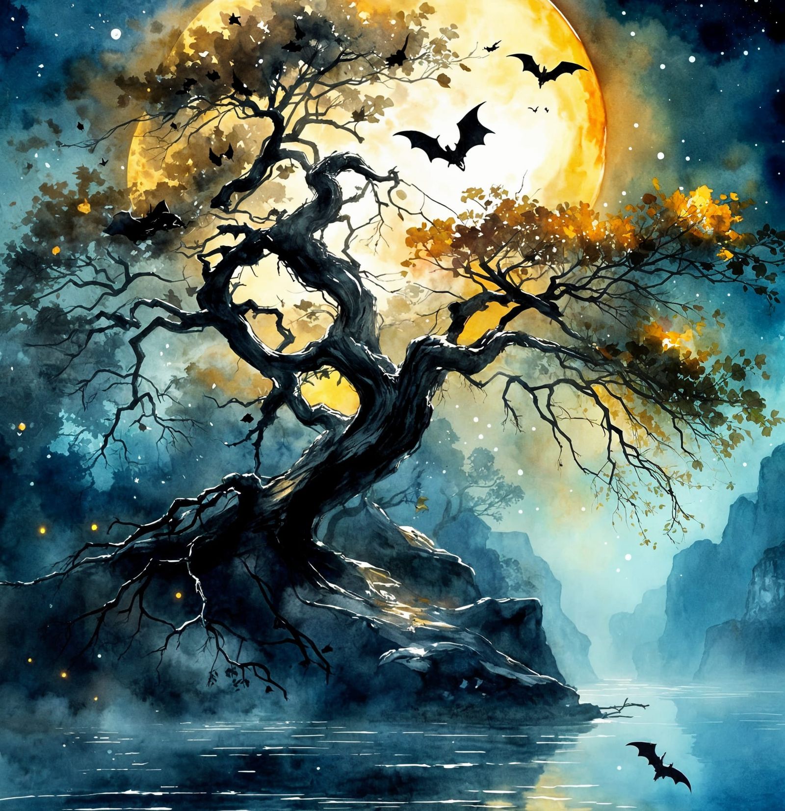Bats Emerge at Dusk in Watercolor Nightscape
