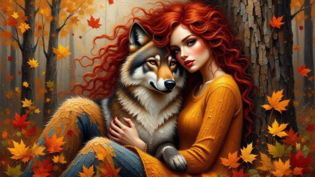 Woman With Red Hair Hugs Wolf in Autumn Forest