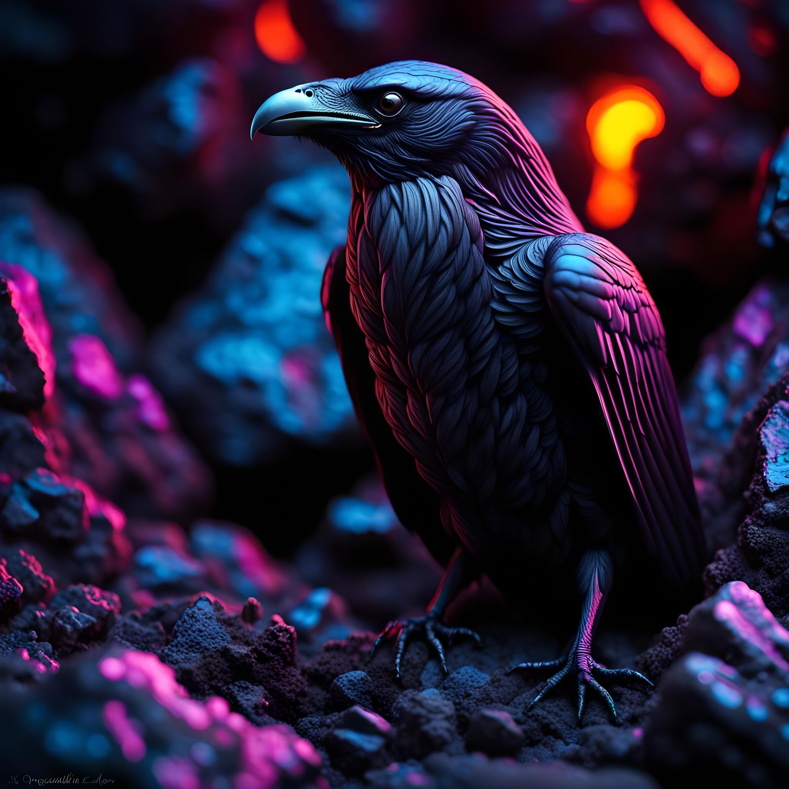 Fluorescent Raven on Lava Rock in Giger Style
