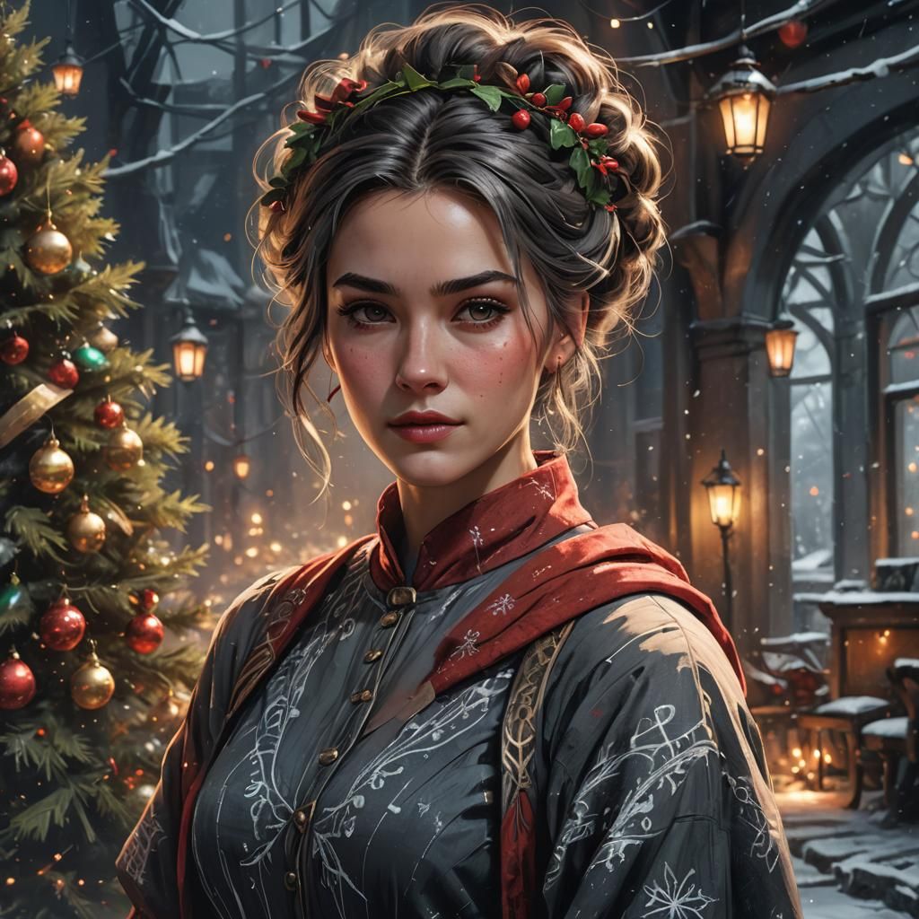 Christmas Woman Portrait in Matte Painting Style