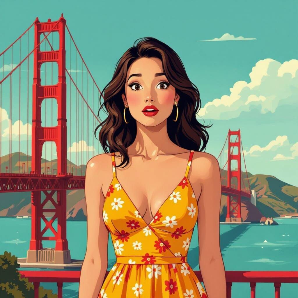 Surprised Woman with Golden Gate Bridge, Whimsical Art