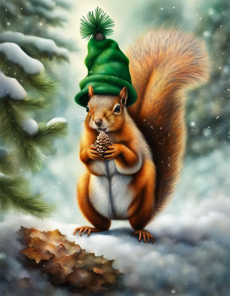 Festive Squirrel Gathering Nuts in Winter Woods