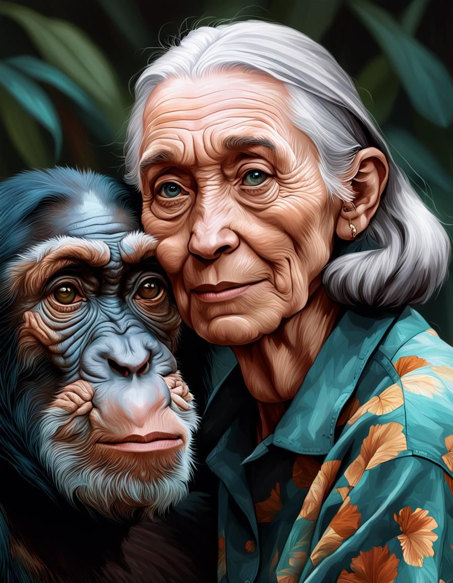Jane Goodall Portrait with Chimpanzee in Artstation Style
