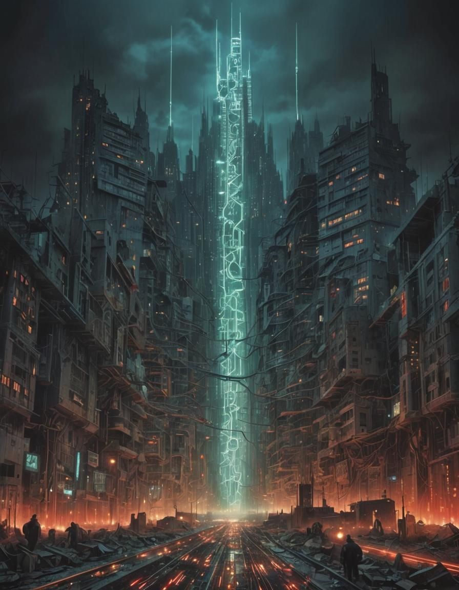 Dystopian Metropolis: Surreal Glitched Landscape in Cubist S...