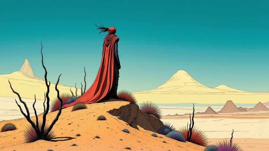 Mystical Desert Tableland in Arthur Rackham Style