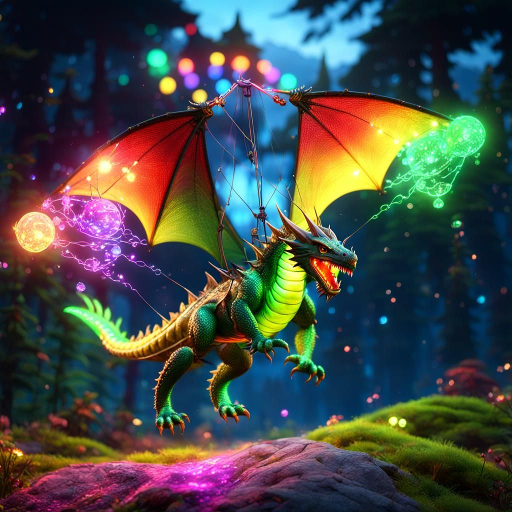 neon string attached to dragon kite high in sky,fire works sparkles making florescent light behind iridescence dew dro...