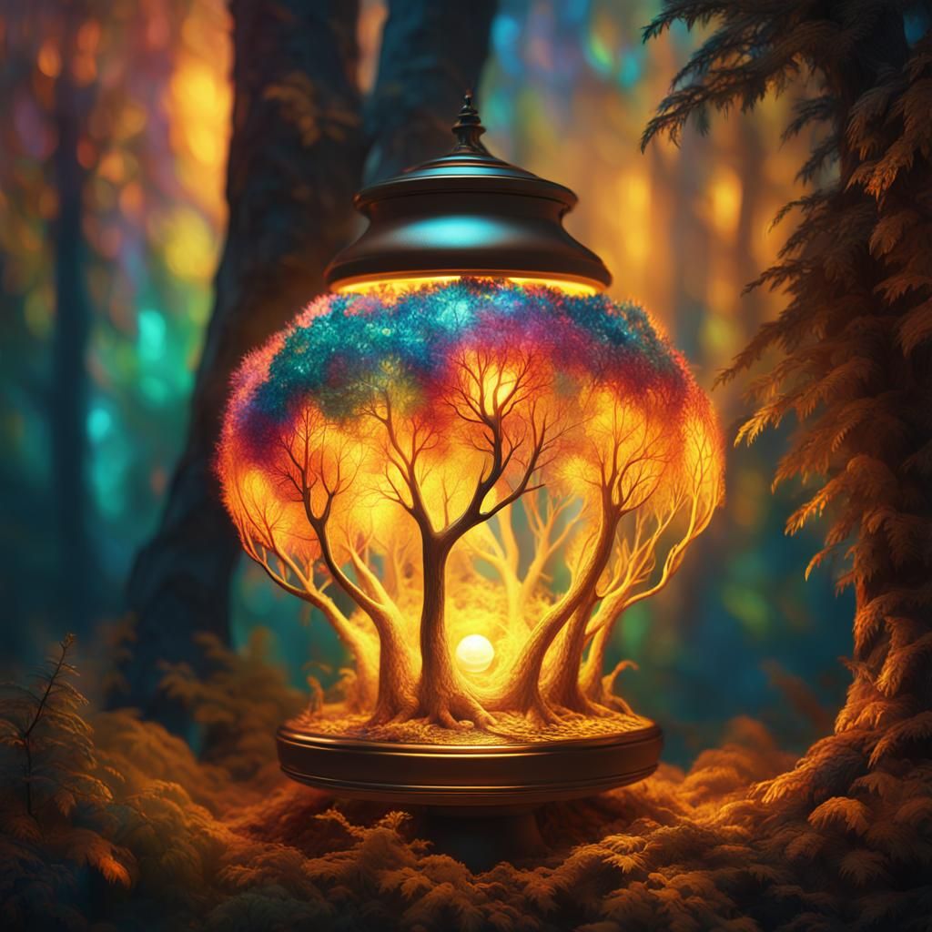 Mystical Forest Lamp in Art Nouveau Oil Painting