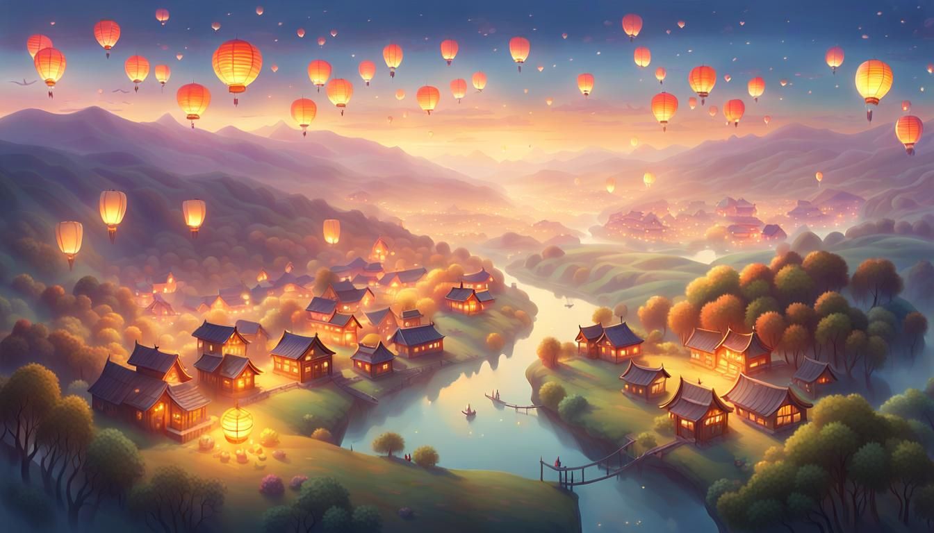 Floating Lantern Village: Ethereal Aerial Concept Art