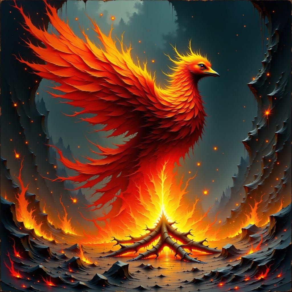 Phoenix Rising from Embers in Surreal Digital Art