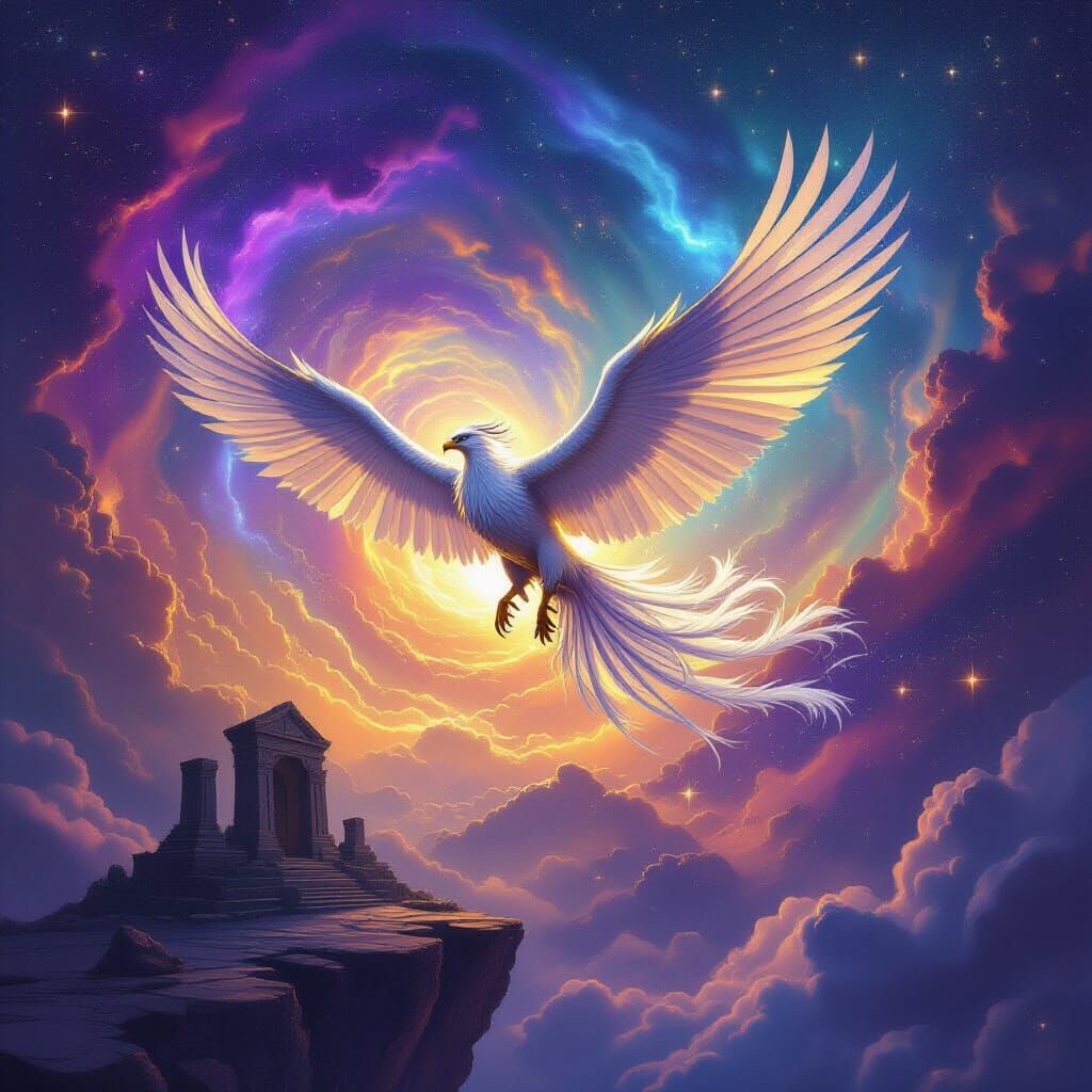 Majestic Griffin Soars Through Cosmic Nebula Sky