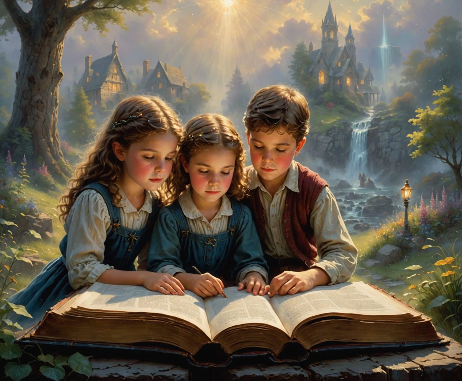 Children Reading Old Bible With Light Shining Out