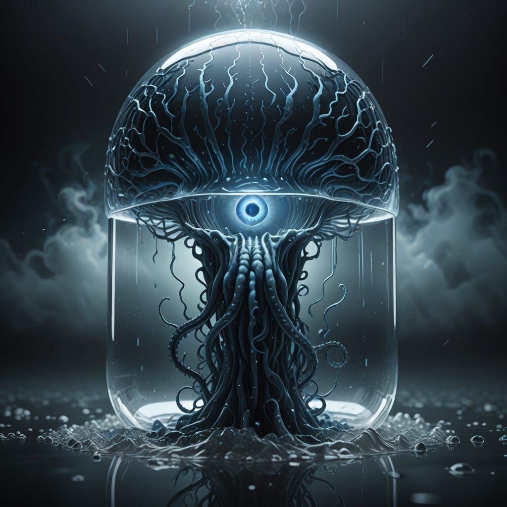 Glass A Sculpture with Brain in Dark Fantasy Style