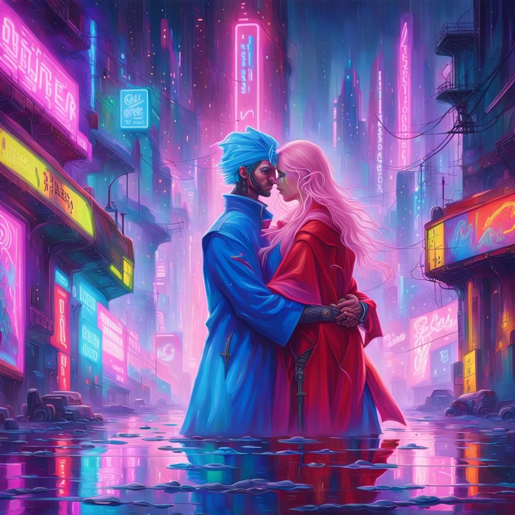 Cyberpunk Elves Embrace in Neon Cityscape