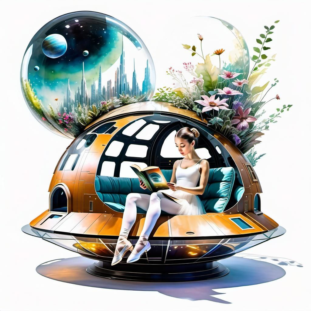 Ballerina in Spaceship Reads in Futuristic City
