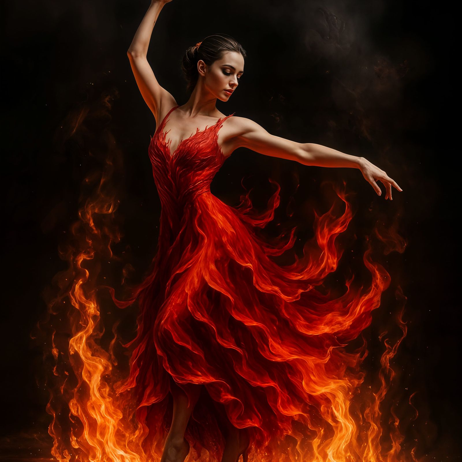 CGI Dancer in Fiery Dress Among Flames