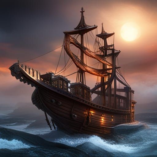 Dragon Woman Pirate Ship in Detailed Matte Painting