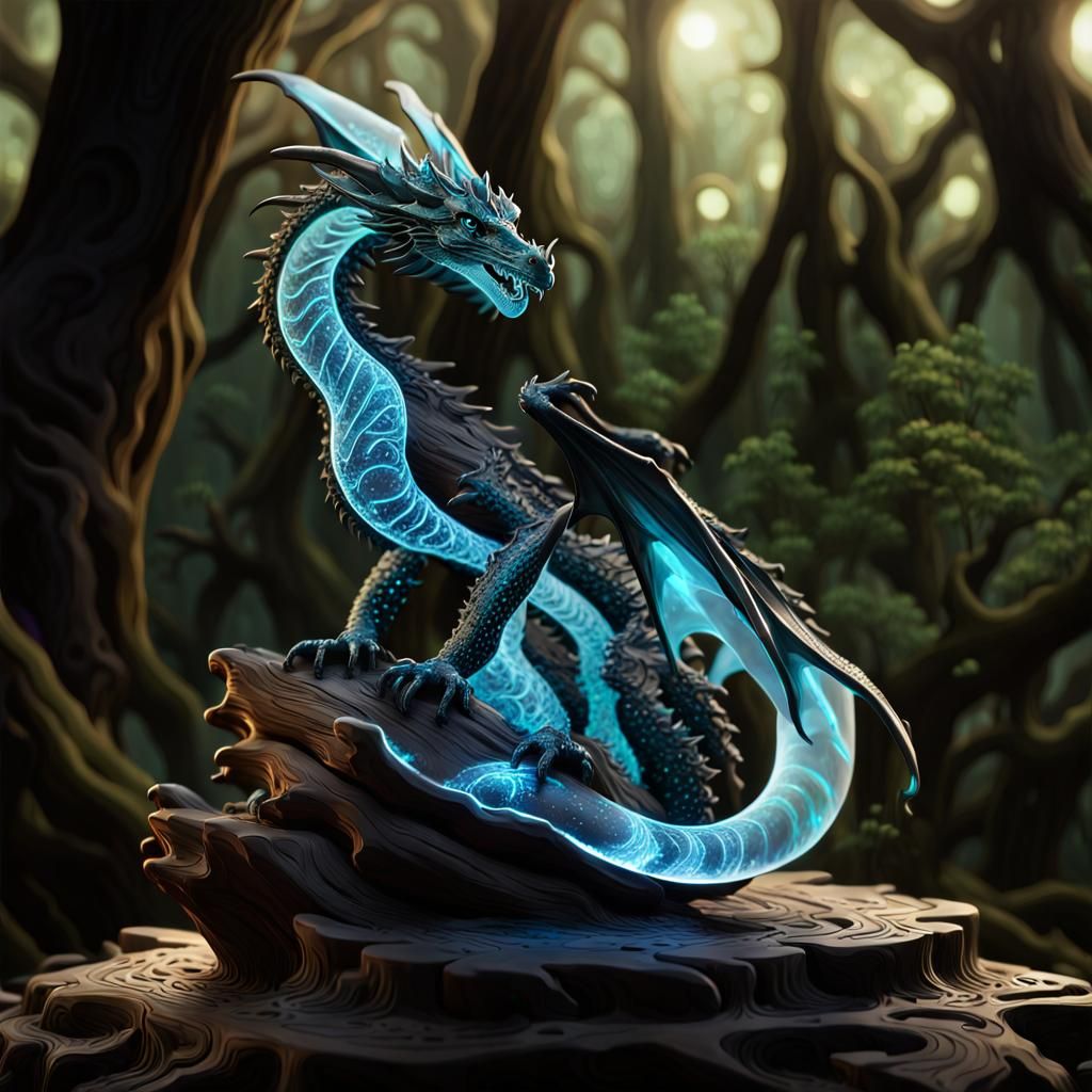 Bioluminescent Crystal Dragon Sculpture on Tree Stump