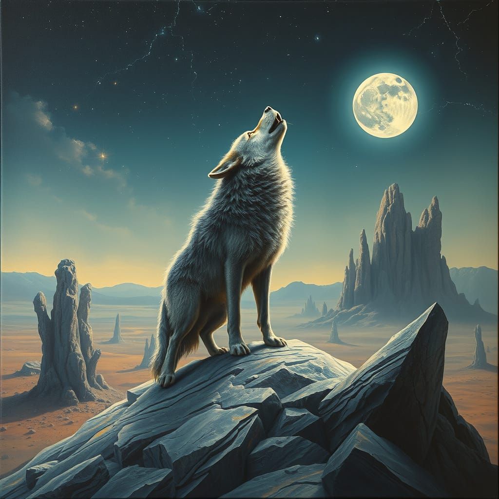 Starlight Wolf Howls at Twin Moons in Alien Desert