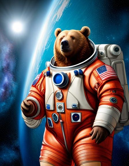Bear in Spacesuit Drifting Past Mars