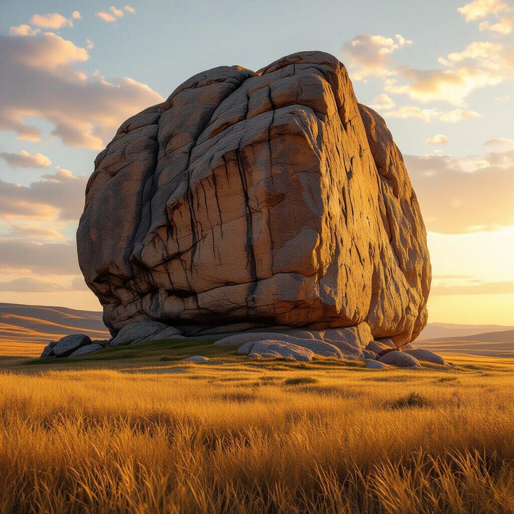 Colossal Ancient Rock in Golden Field Under Warm Sun