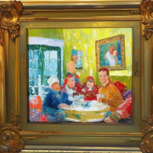 Family in Christmas House: Expressionist Oil Painting
