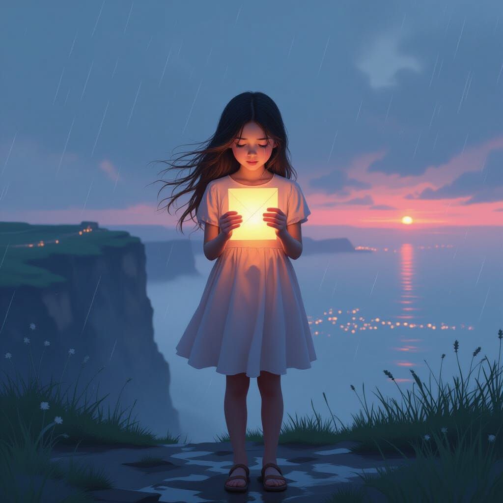 Girl on Cliff at Dusk in Hyperrealistic Style