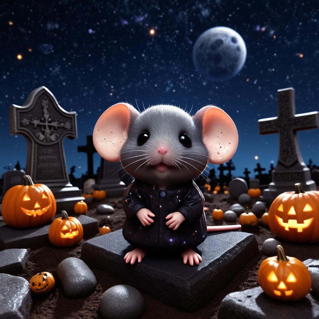 Hyperrealistic Chibi Mouse Graveyard Halloween Night