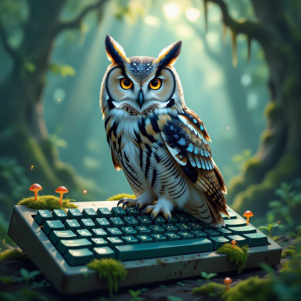 Technological Owl Perched on Antique Keyboard