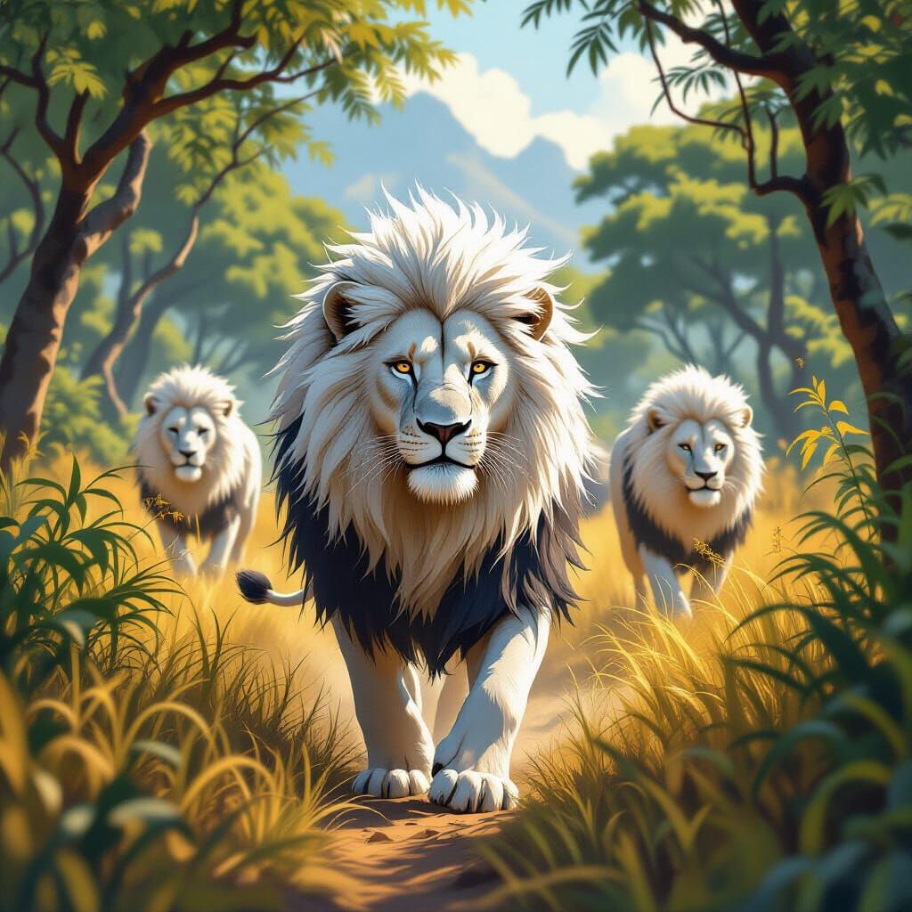 Icy Lions Roam Jungle and Savannah